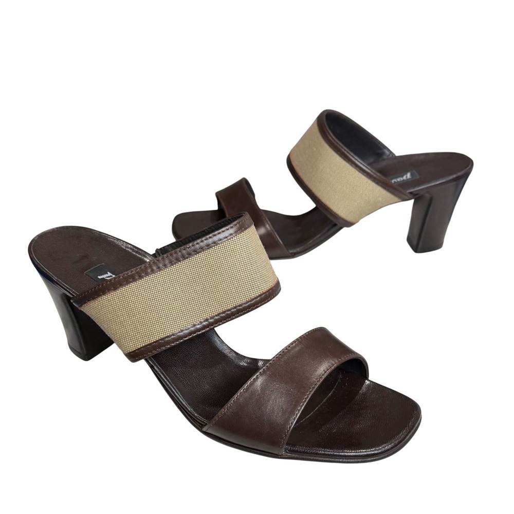 Paul Green Leather Woven Fabric Slide Sandals Womens 10‎ Brown Beige Block Heel